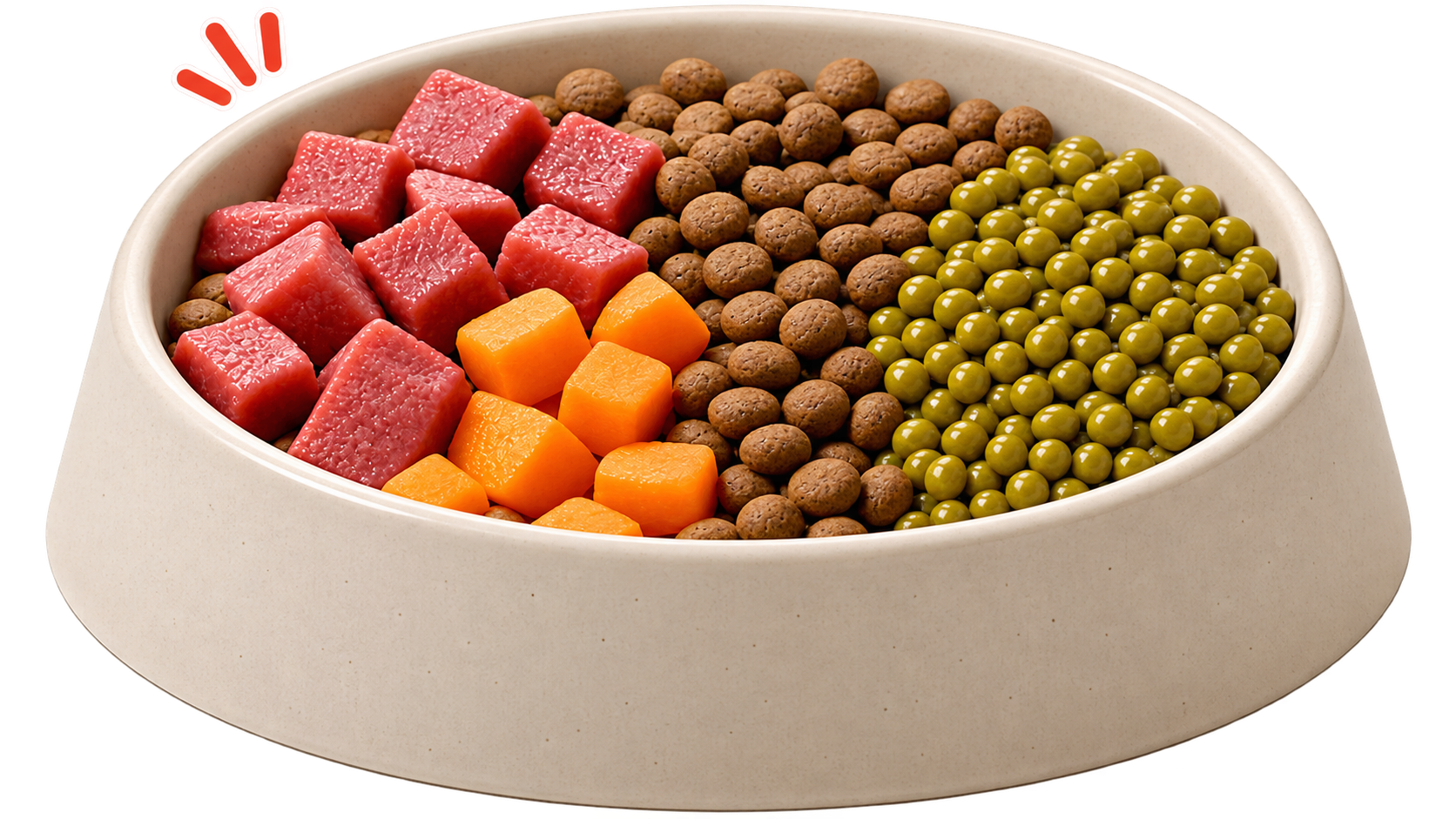 A Snuggles bowl filled with meat, kibble, peas, blueberries and carrot