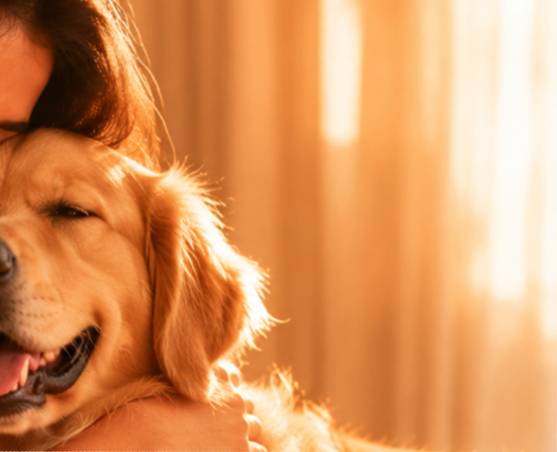 A golden retriever leaning into its owner