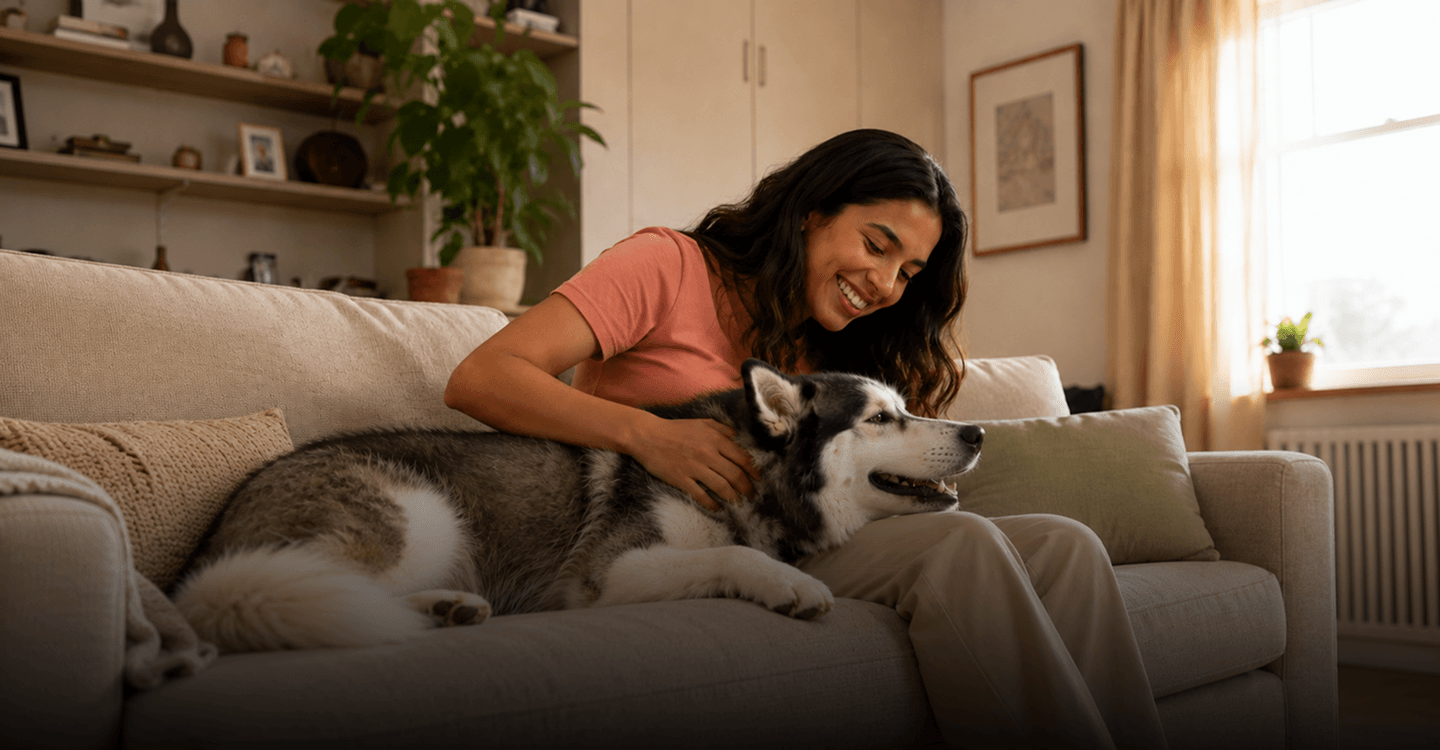 A woman sitting on the sofa with her husky